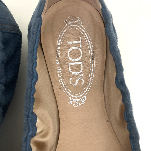 TOD's Ballet Flat Square Toe Blue Scrunch Elastic Suede Slip On Loafer 7.5 - Picture 5 of 12